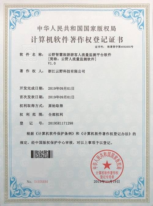 浙江云野科技獲得二十多項軟件著作權登記證書
